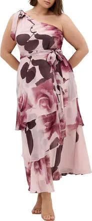 City Chic Metallic One-Shoulder Tiered Dress in Romantic Bloom at Nordstrom, Size 12W