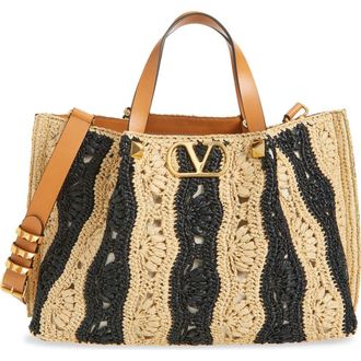 Valentino Garavani VLOGO Signature Crocheted Raffia Tote in Natural/Black at Nordstrom