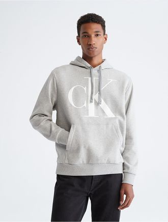 Calvin Klein Mens Monogram Fleece Hoodie - Grey - XL