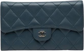 Chanel Pre-owned Matelasse Lambskin Long Wallet - Dames - Vintage Accessoires - Blauw - ONE Size - Leer - Vintage