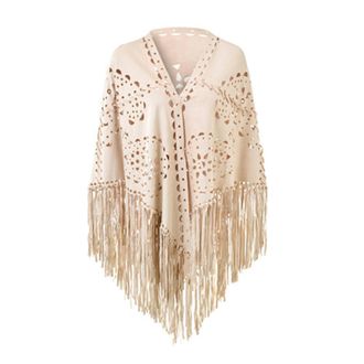 Generic Women Loose Suede Fringes Open Cape Poncho Scarf With Punch Pattern Graceful Fringes Dropshipping Shawl (White, One Size)