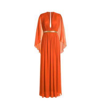 Alberta Ferretti Long Silk Gown with Cape - female - Alberta Ferretti - Gowns - Orange - XL - Dresses