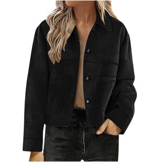 Generic Womens Faux Suede Bomber Jacket Spring Lapel Pilot Coat Oversized Long Sleeves Trendy Streetwear Outerwear Button Down Suede Jacket Casual Cropped Coa