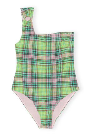 Ganni Recycled Seersucker One Shoulder Swimsuit - Size 10/12 Green