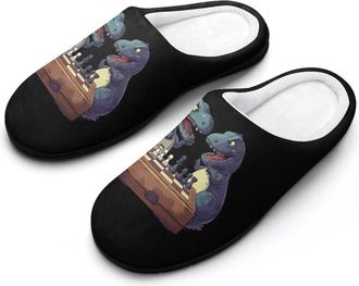 Generic Dinosaurs Playing Chess Mens Soft Cotton Slippers with Memory Foam Anti-skid House Shoes for Travel Indoor Outdoor