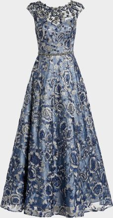 Mac Duggal Embellished Cap-Sleeve High-Neck Gown
