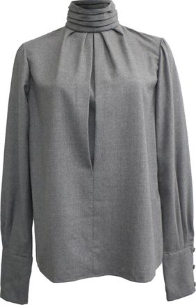 Chlo&eacute; Pleated Neckline Long Sleeve Blouse in Grey Wool