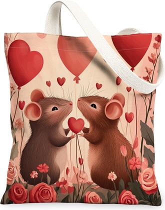 Generic Valentines Day Mouse Rat Canvas Tote Bag for Shopping 13x15, Funny Couple Animal Lover Reusable Grocery Print Pattern Bag for Women, Holiday Beach Aes