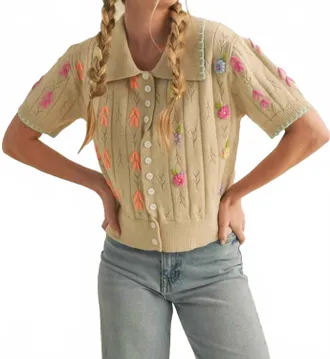 Merci Hand Embroidered Short Sleeve Button Down Sweater In Beige