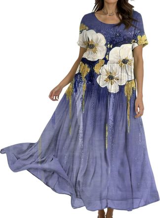Generic Ladies Summer Dresses, Womens Summer Maxi Boho Beach Dress Floral Print Sundress Crew Neck Short Sleeve High Waist Flowy Tiered Long Dresses Mum Birth