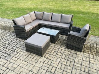 Fimous 8 Seater Rattan Garden Furniture Corner Sofa Set Outdoor Patio Sofa Chair Table Set with Rectangular Coffee Table in Dark Grey