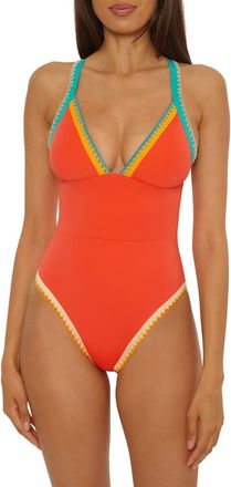 Lucky Brand Avila Embroidered Trim Colorblock Binding One-Piece Swimsuit in Scarlet at Nordstrom, Size Medium