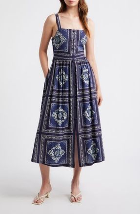 ZOE AND CLAIRE Grid Print Sleeveless Cotton & Linen Midi Dress in Navy at Nordstrom, Size X-Large