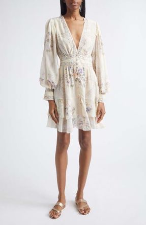 Camilla Print Long Sleeve Button Front Silk Frill Dress in Laced With Love at Nordstrom, Size Medium