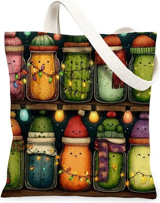 Generic Fanciful Jars Canvas Tote Bags, Colorful Holiday Pattern Reusable Grocery Bags, Vintage Lightweight Washable Shoulder Strap, Multicolor, 13x15 Inch