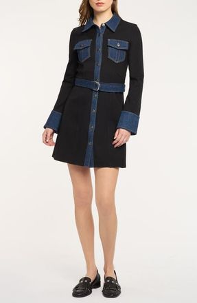 Cinq &agrave; Sept Aliza Denim Trim Long Sleeve Dress in Black/Fontaine at Nordstrom, Size 00