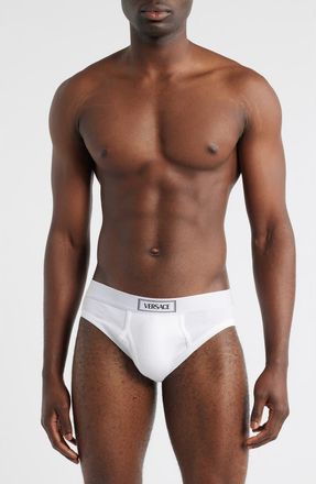 Versace 90s Logo Stretch Cotton Rib Briefs in Optical White at Nordstrom, Size 6