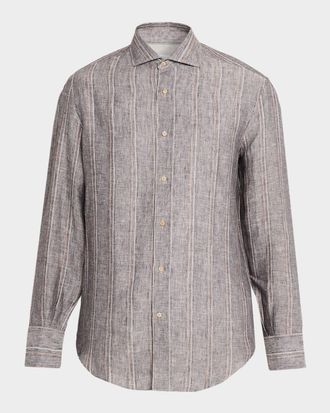 Brunello Cucinelli Mens Linen and Cotton Stripe Button-Down Shirt