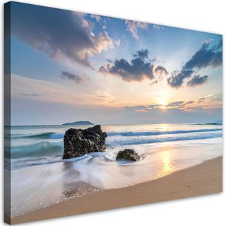 Feeby Cuadro Sobre Lienzo, Playa Mar Puesta De Sol Piedras, 100x70