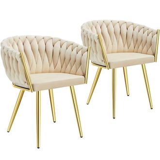 TecTake Dining Chair Astano - Padded, Velvet, Knot Design, Continuous Backrest in Light Sand | Size: 2 Pack