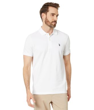 U.S.Polo Association Mens Slim Fit Solid Pique Polo Shirt, Two Button Casual Athletic Golf Polo Shirt For Men, White, XL