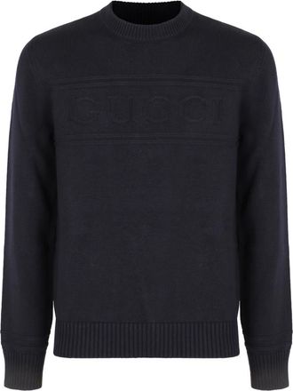 Gucci Gebreide katoen-wollen trui met intarsia - Heren - Ronde hals truien - Blauw - L - Katoen - Truien & Vesten