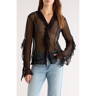 Staud Kellcy Sheer Ruffle Sleeve Top in Black at Nordstrom, Size 10