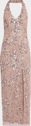Aidan Mattox Floral Bead and Sequin Halter Column Gown