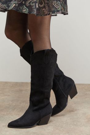 Oasis Womens Maggie Faux Suede Embroidered Knee High Western Boots - Black - Size UK 3