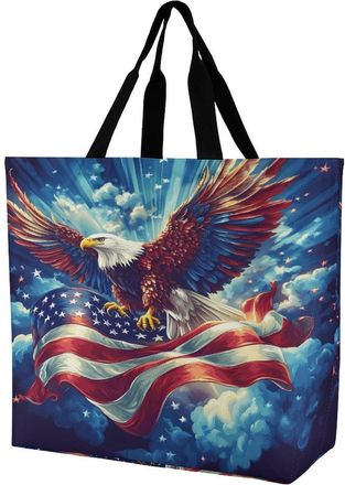 Generic U.S. Flag Ea-gles Flying Large Reusable Shopping Bag Lightweight Foldable Tote Bags Washable Shoulder Handbag