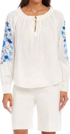 Karen Kane Embroidered Blouson Sleeve Tie-Neck Peasant Top In Off White