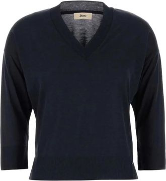 Herno Stijlvolle Jersey - Dames - V-hals truien - Blauw - XL - Katoen - Truien & Vesten