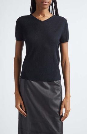 Vince High V-Neck Short Sleeve Wool Sweater in Black at Nordstrom, Size Xx-Small