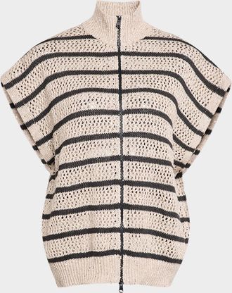 Brunello Cucinelli Striped Paillette Knit Short-Sleeve Zip Cardigan