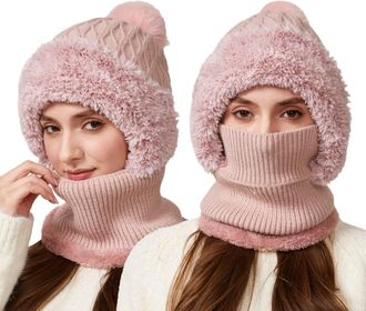 Generic Winter Warm Knitted Cap with Neck Warmer for Women, Slouch Ajustable Knit Beanie Hat with Hairball, Winter Woolly Hat Warm Fleece Linning, Windproof B