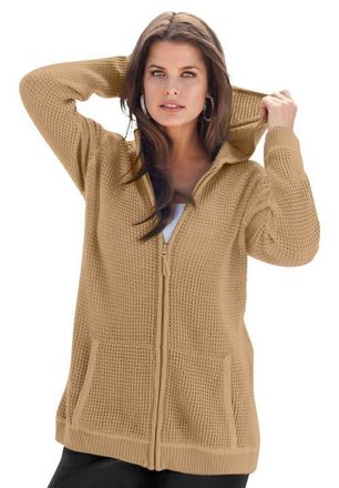 Roaman's Plus Size Waffle Knit Zip-Front Relaxed Hoodie in Soft Camel at Nordstrom, Size Medium