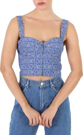 Moschino Ladies Fantasy Print Blue Monogram Denim Cropped Top