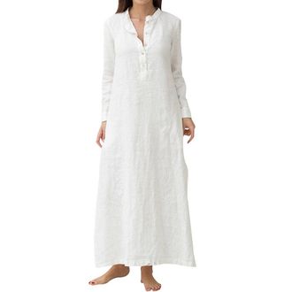 Generic Cotton Linen Maxi Dresses for Women UK: Casual Solid Color Long Dress Lapel Loose Fitting Business Dress V Neck Long Sleeve Shirt Dress Soft Swing Hem
