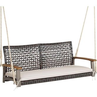 Costway Costway Banco Columpio De Exterior Con 2 Asientos, Columpio De Rat&aacute;n Pe, Respaldo Curvado Y Reposabrazos De Madera De Acacia, Carga 360 Kg, Columpio P
