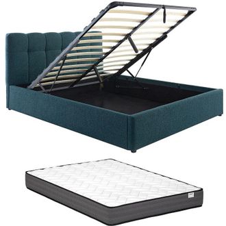 Vente-Unique Letto con contenitore 160 x 200 cm Tessuto bouclette Verde petrolio + Materasso - MAZIRI