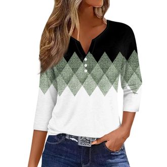 Generic T-Shirts for Women UK V Neck 3/4 Sleeve Summer Striped Henley Neck Blouse Elegant Daily Work Tunic Day Prime Deal