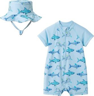 Andy & Evan Long Sleeve One-Piece Swimsuit & Sun Hat in Aqua Shark at Nordstrom, Size 12-18M