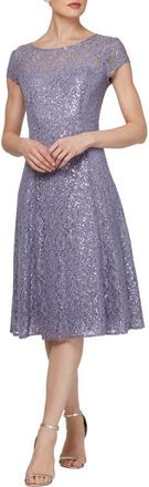 S.L. Fashions Cap Sleeve Metallic Lace Dress in Mystc/hthr at Nordstrom, Size 12 P