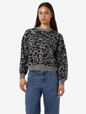 Noisy May Strickpullover NOISY MAY NMCHARLOTT L/S O-NECK KNIT FWD NOOS, Damen, Gr. XL, schwarz pattern:charcoal gray leo, Strick, Obermaterial: 52% Viskose, 28%