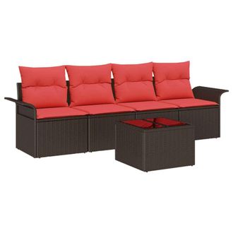 vidaXL Conjunto De Sof&aacute; De Jard&iacute;n 5 Pcs Beige Y Rojo Rat&aacute;n Sint&eacute;tico Vidaxl