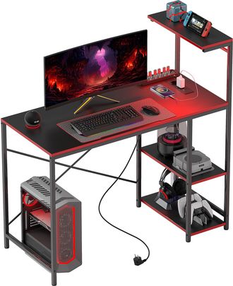 OEM Escritorio Gaming De Fibra De Carbono Con Luces Led 110x50 Cm Tomas De Corriente Estantes Y Control Remoto Negro
