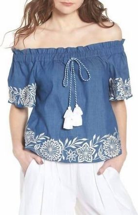 Misa Nisi Embroidered Off-The-Shoulder Denim Top In Blue/white