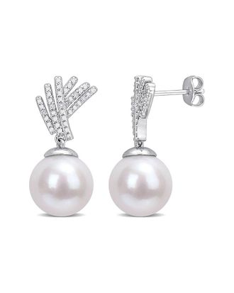Rina Limor Silver 0.05 Ct. Tw. Diamond 11-12Mm Pearl Earrings