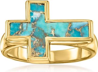 Ross-Simons Turquoise Sideways Cross Ring in 18kt Gold Over Sterling