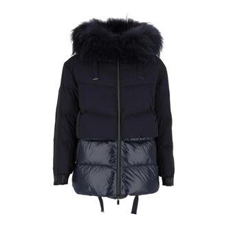 DIEGO M Giubbino in micropiuma e bordo staccabile in white raccoon - - Jackets - Donna - Blu - L